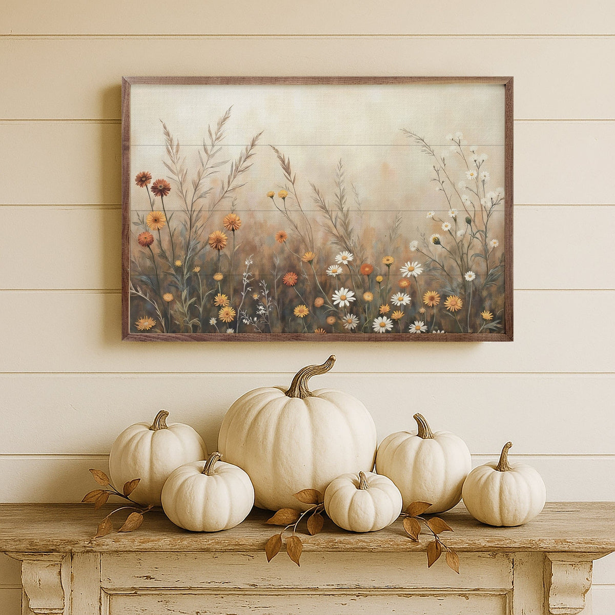 Kendrick Home Walnut Frames Fall Field With Mums And Daisies Printed and Framed Wall Sign
