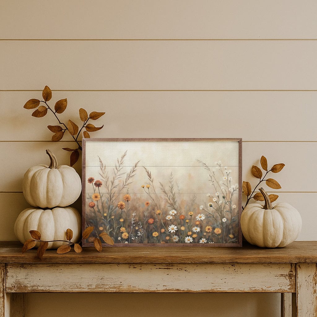 Kendrick Home Walnut Frames Fall Field With Mums And Daisies Printed and Framed Wall Sign