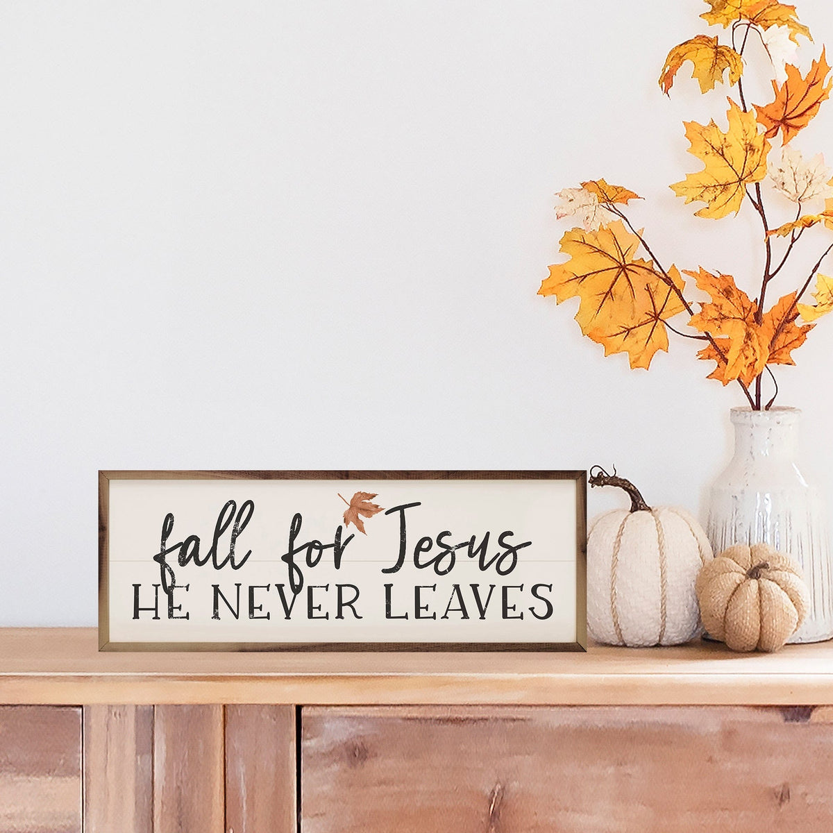 Kendrick Home Walnut Frames Fall For Jesus Leaf Horizontal White Printed and Framed Wall Sign