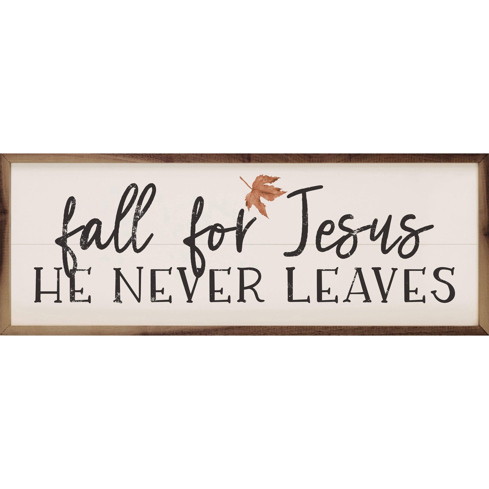 Kendrick Home Walnut Frames 12x4 Fall For Jesus Leaf Horizontal White Printed and Framed Wall Sign