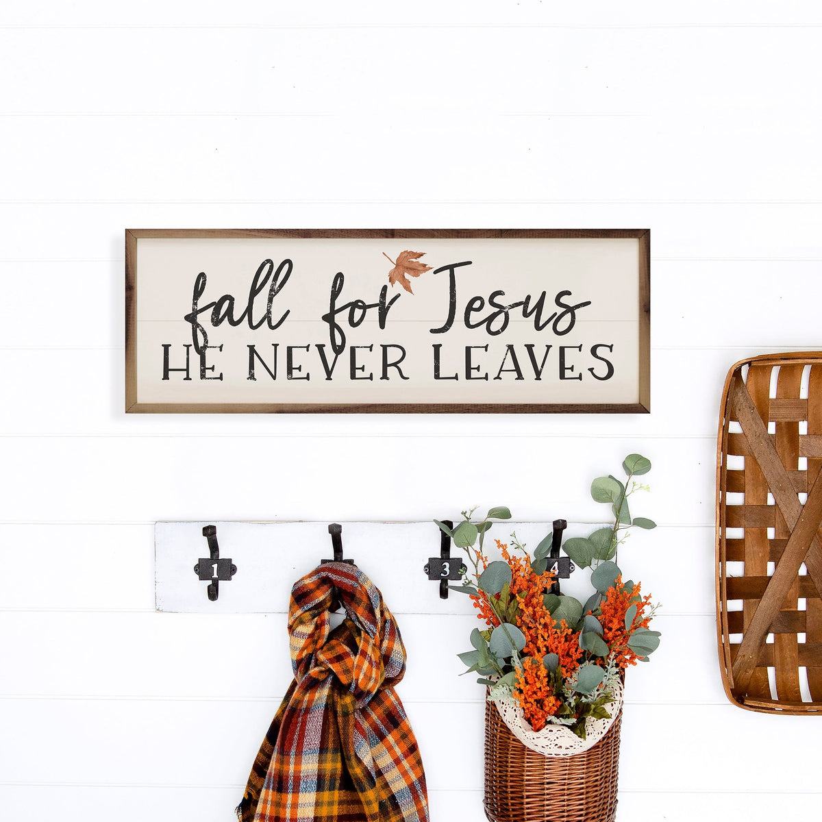 Kendrick Home Walnut Frames Fall For Jesus Leaf Horizontal White Printed and Framed Wall Sign