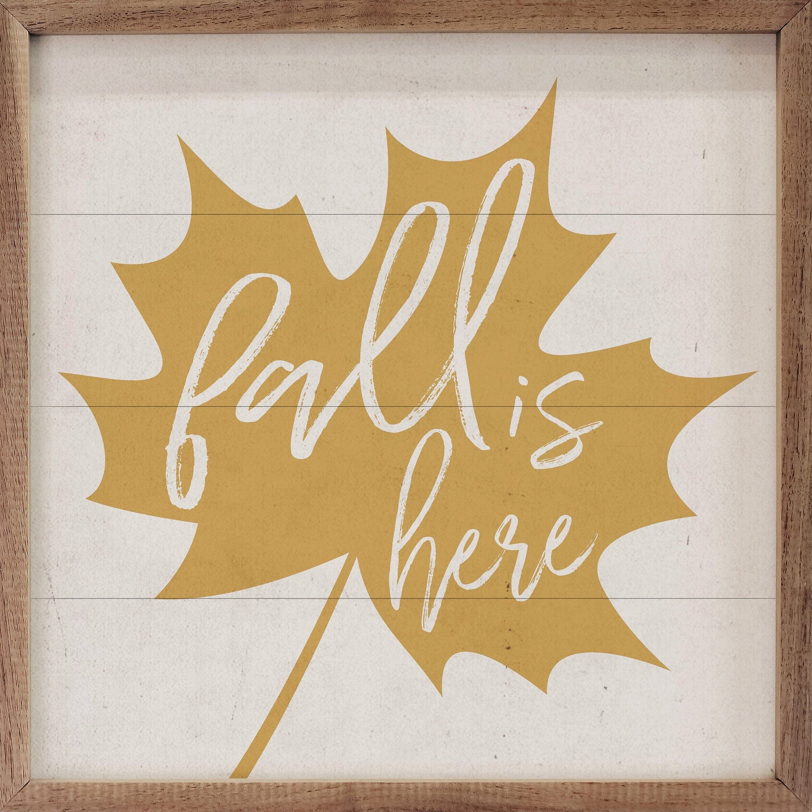 Kendrick Home Walnut Frames 4x4 Fall Is Here Gold Leaf White Printed and Framed Wall Sign