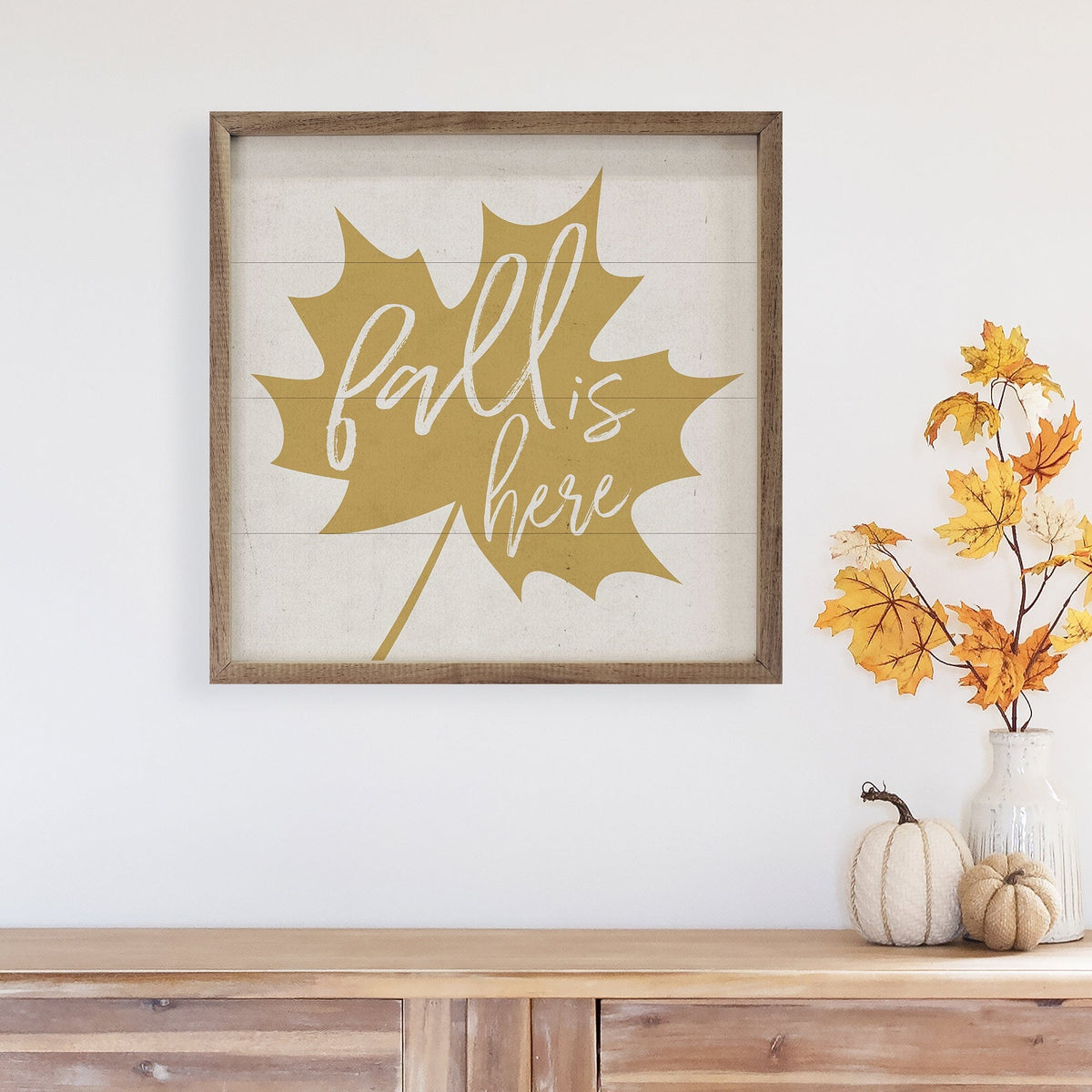 Kendrick Home Walnut Frames Fall Is Here Gold Leaf White Printed and Framed Wall Sign
