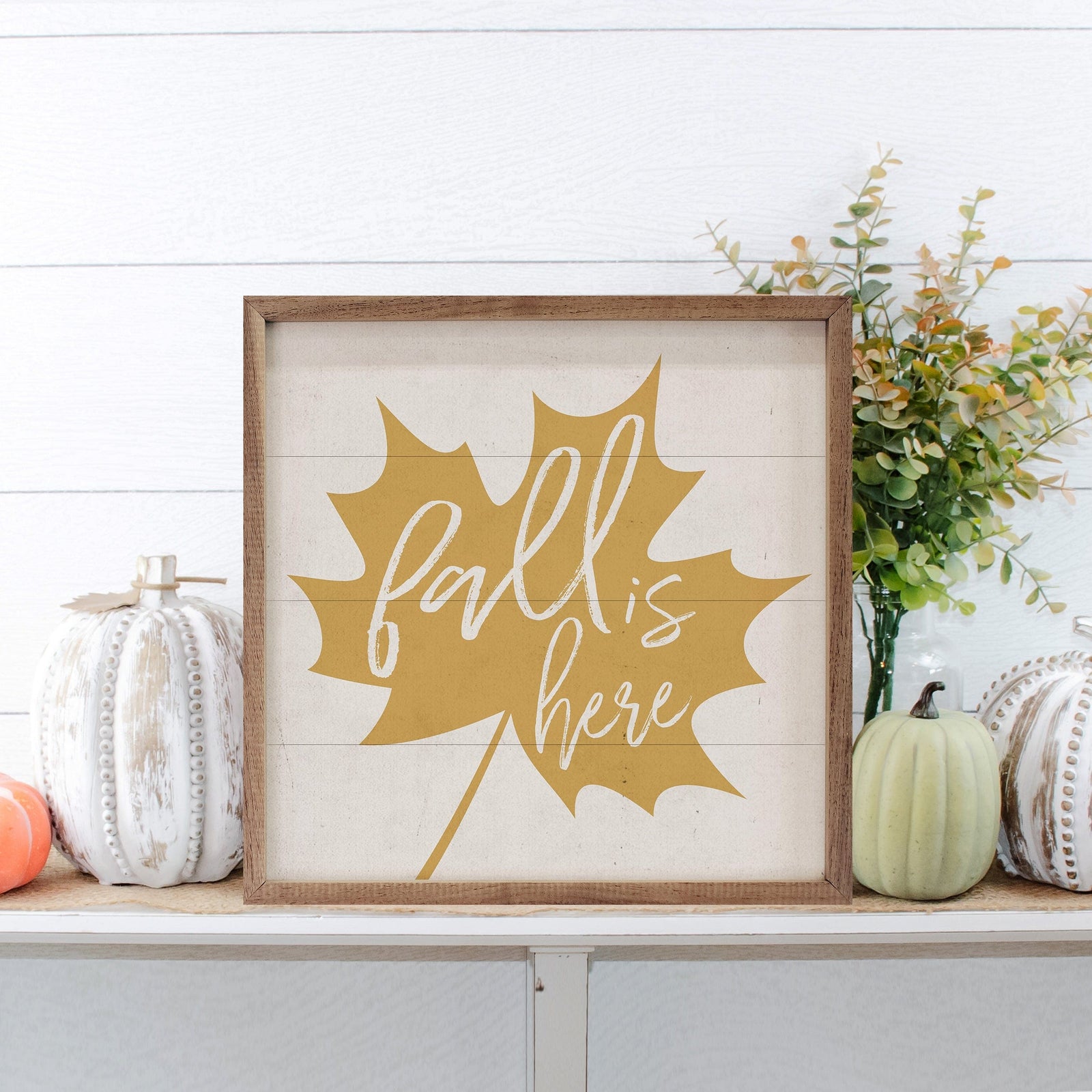 Kendrick Home Walnut Frames 4x4 Fall Is Here Gold Leaf White Printed and Framed Wall Sign