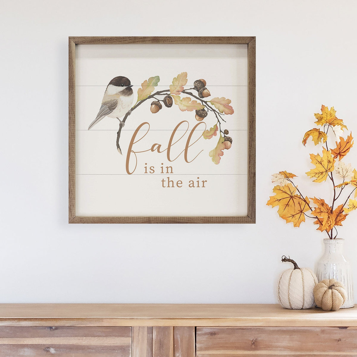 Kendrick Home Walnut Frames Fall Is In The Air Bird On Twig White Printed and Framed Wall Sign