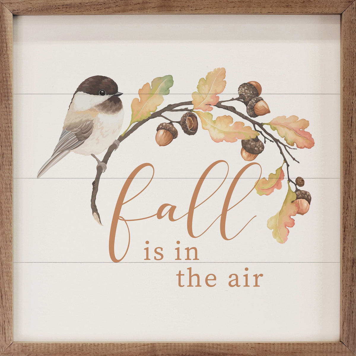 Kendrick Home Walnut Frames 4x4 Fall Is In The Air Bird On Twig White Printed and Framed Wall Sign