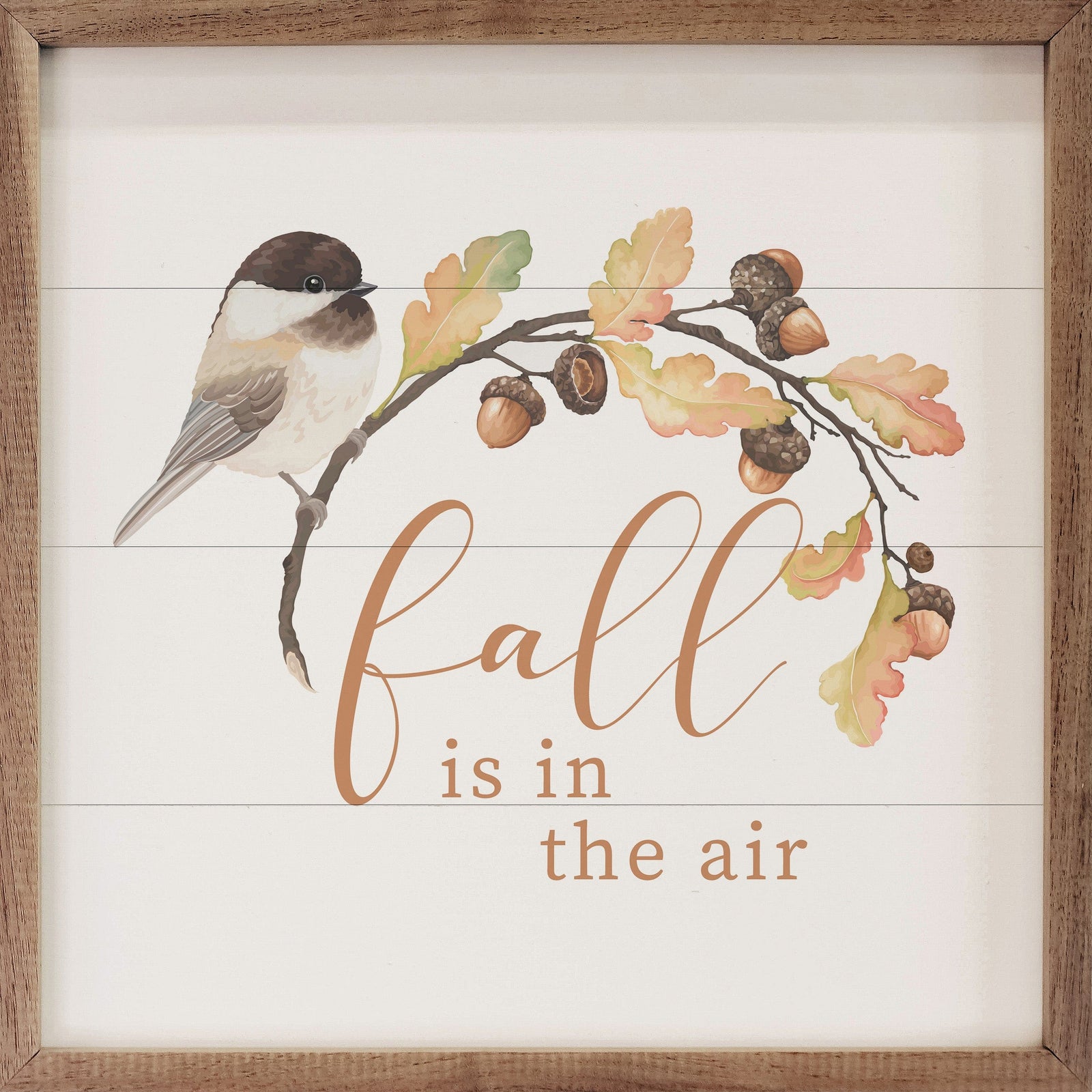 Kendrick Home Walnut Frames 4x4 Fall Is In The Air Bird On Twig White Printed and Framed Wall Sign