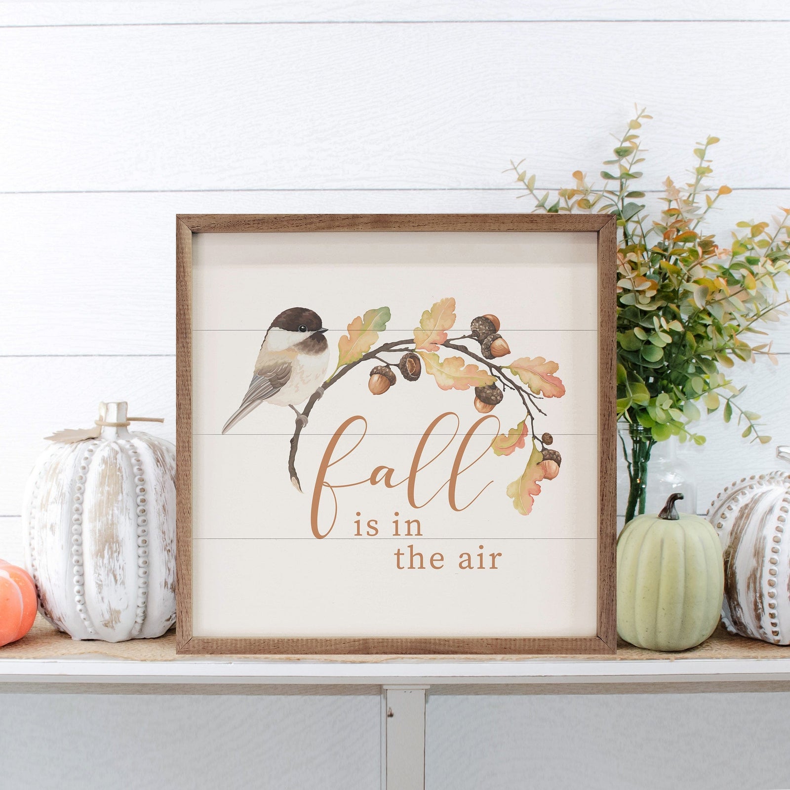 Kendrick Home Walnut Frames 4x4 Fall Is In The Air Bird On Twig White Printed and Framed Wall Sign