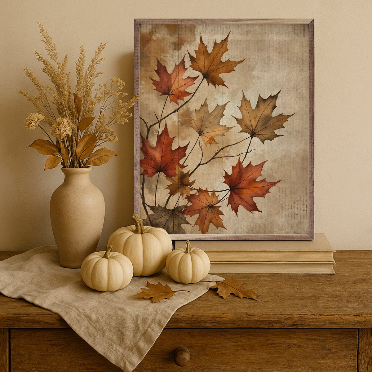 Kendrick Home Walnut Frames Fall Leaves Printed and Framed Wall Sign