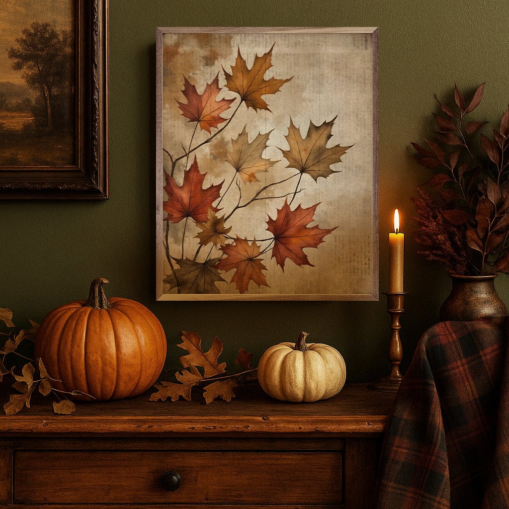 Kendrick Home Walnut Frames Fall Leaves Printed and Framed Wall Sign