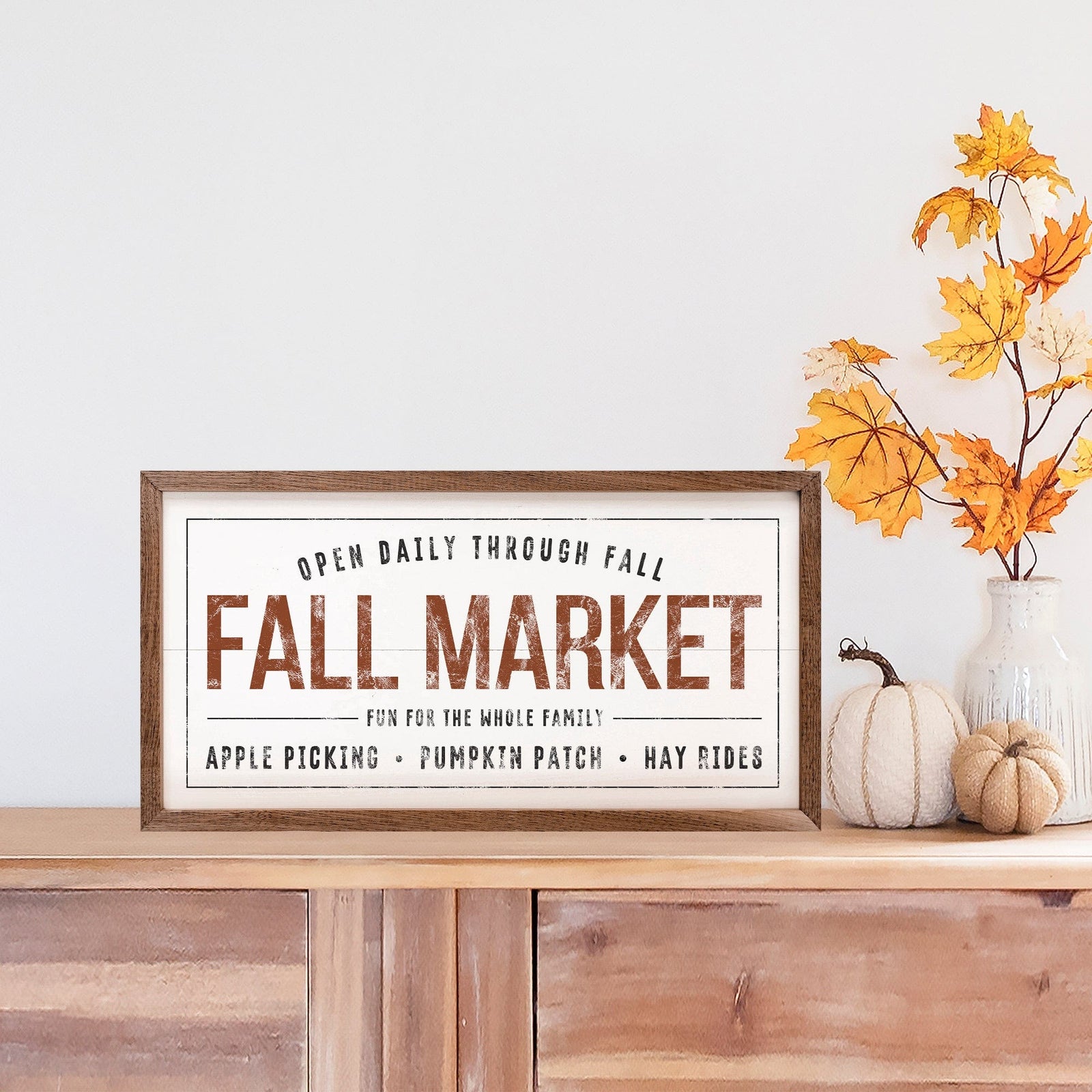 Kendrick Home Walnut Frames 16x8 Fall Market White Printed and Framed Wall Sign