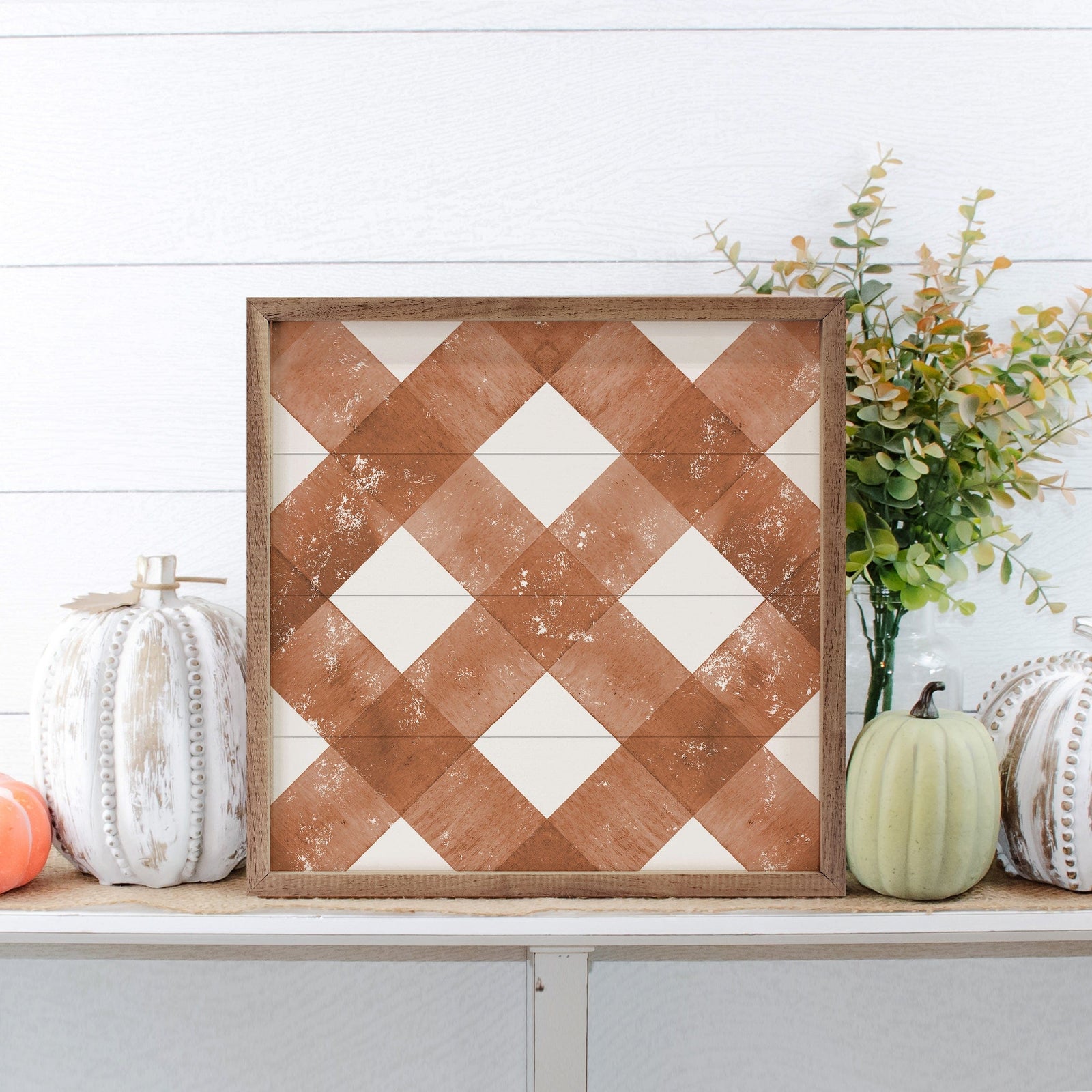 Kendrick Home Walnut Frames 4x4 Fall Plaid Diagonal Orange Printed and Framed Wall Sign