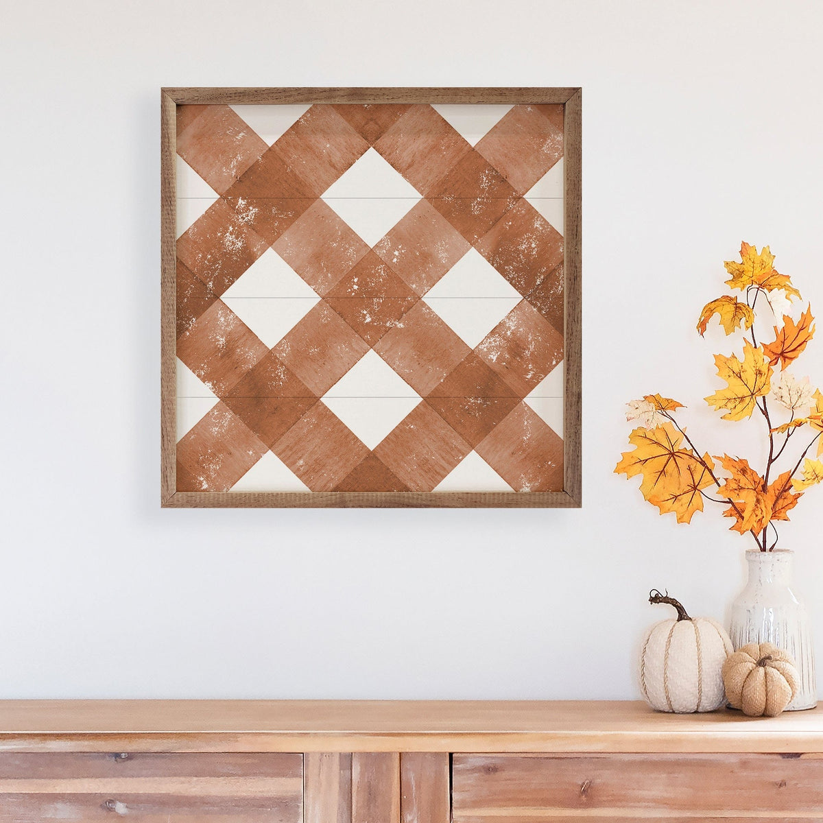 Kendrick Home Walnut Frames Fall Plaid Diagonal Orange Printed and Framed Wall Sign