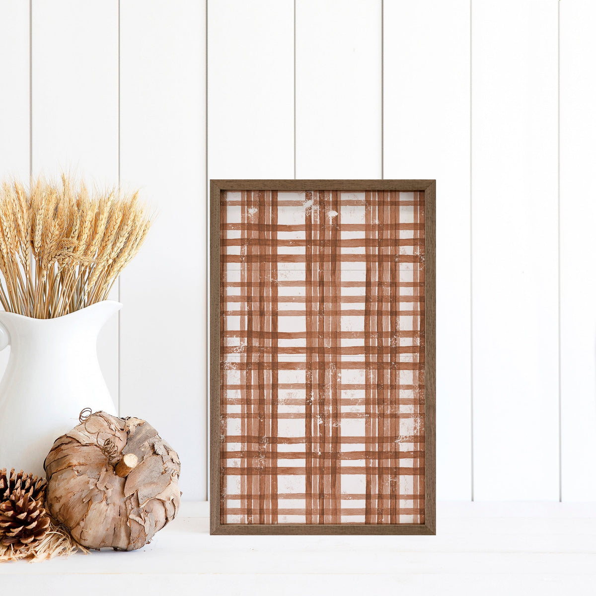 Kendrick Home Walnut Frames Fall Watercolor Plaid Orange Printed and Framed Wall Sign