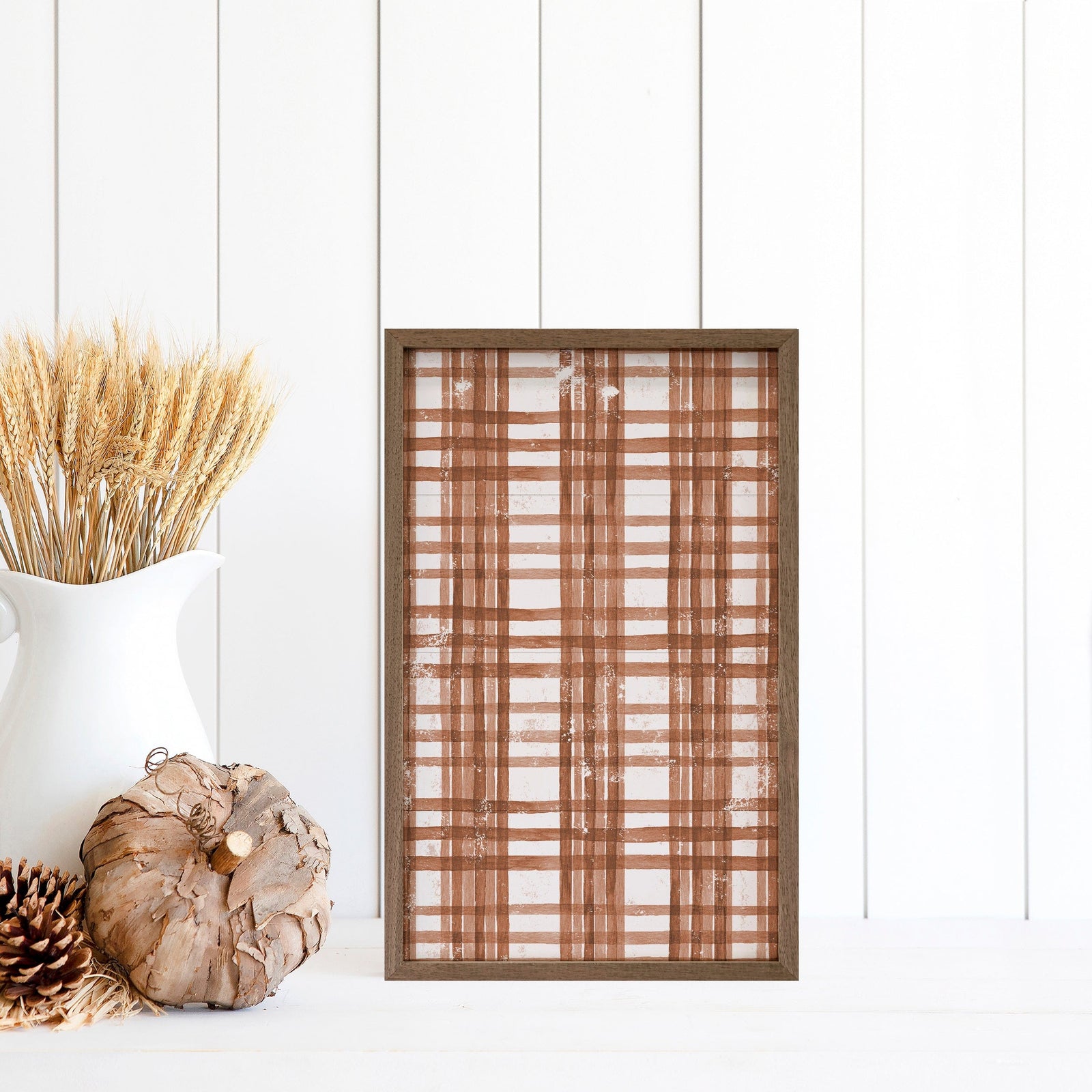 Kendrick Home Walnut Frames 5x8 Fall Watercolor Plaid Orange Printed and Framed Wall Sign