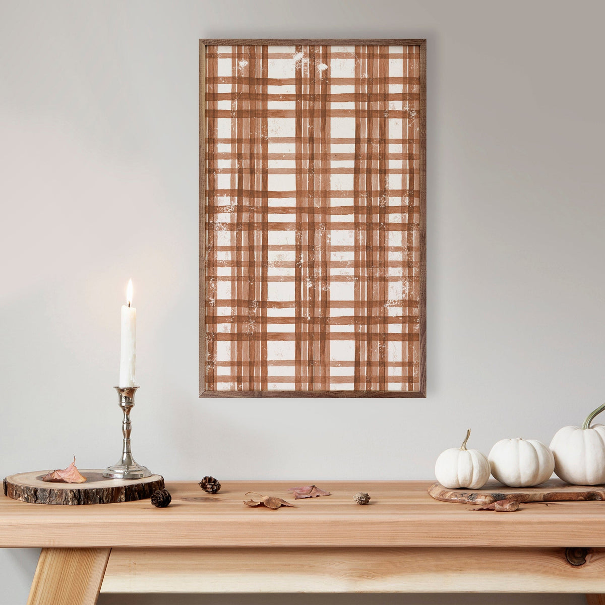 Kendrick Home Walnut Frames Fall Watercolor Plaid Orange Printed and Framed Wall Sign