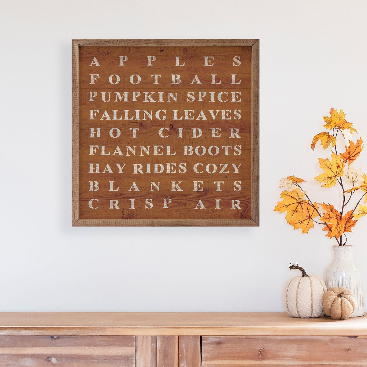 Kendrick Home Walnut Frames Fall Words Orange Printed and Framed Wall Sign