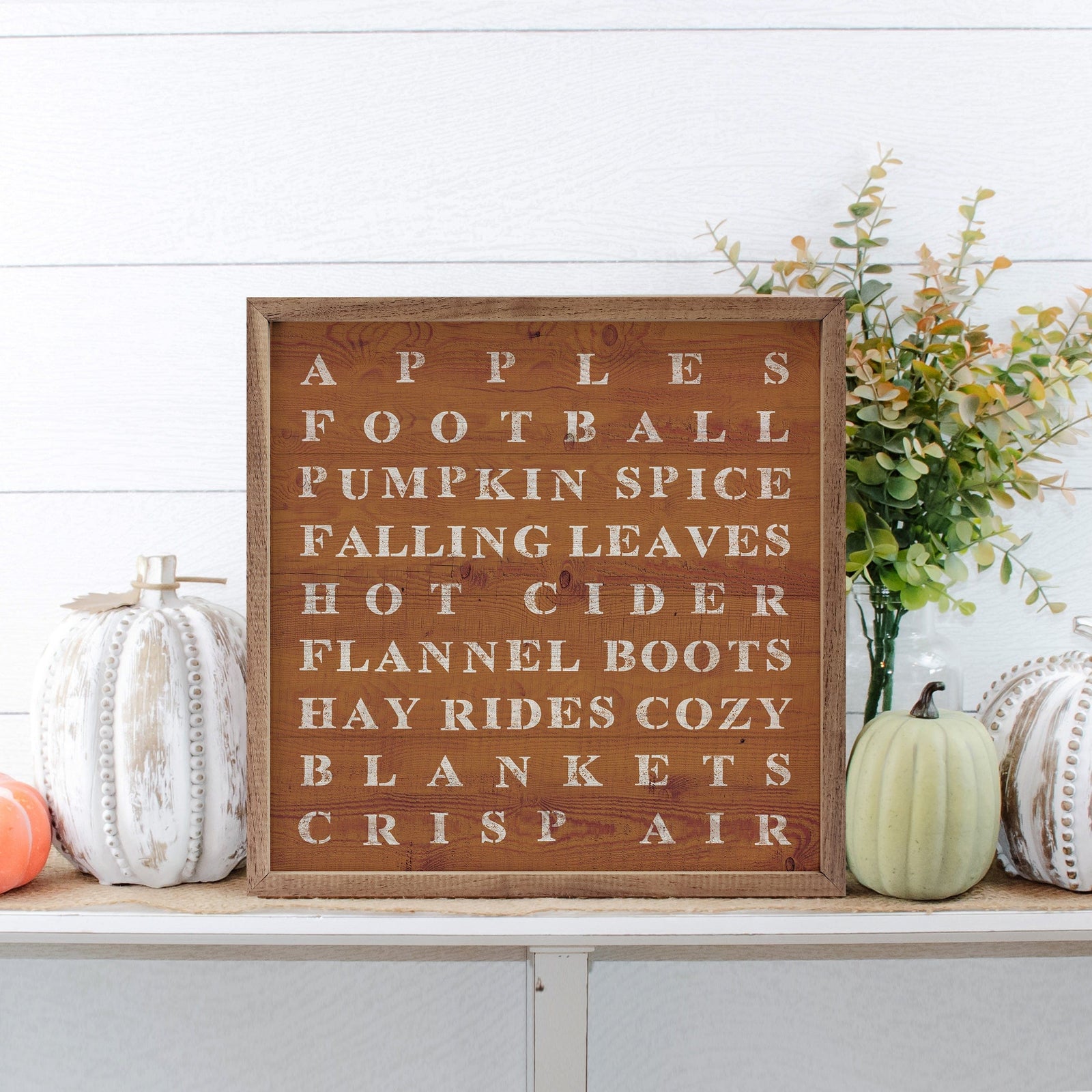 Kendrick Home Walnut Frames 4x4 Fall Words Orange Printed and Framed Wall Sign