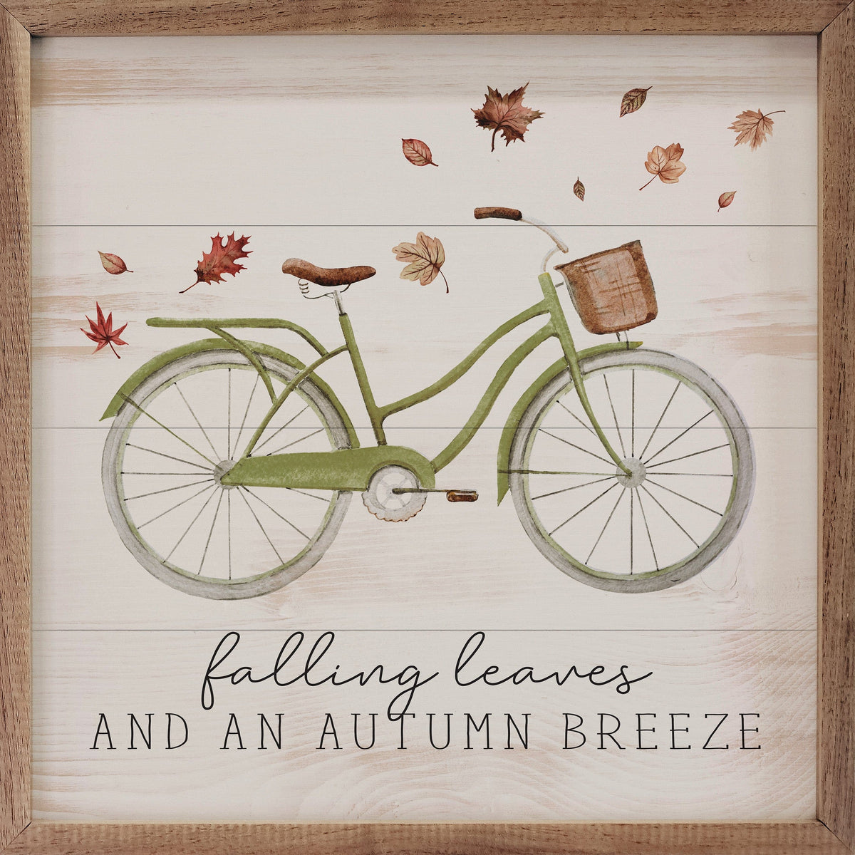 Kendrick Home Walnut Frames 4x4 Falling Leaves Bike Whitewash Printed and Framed Wall Sign