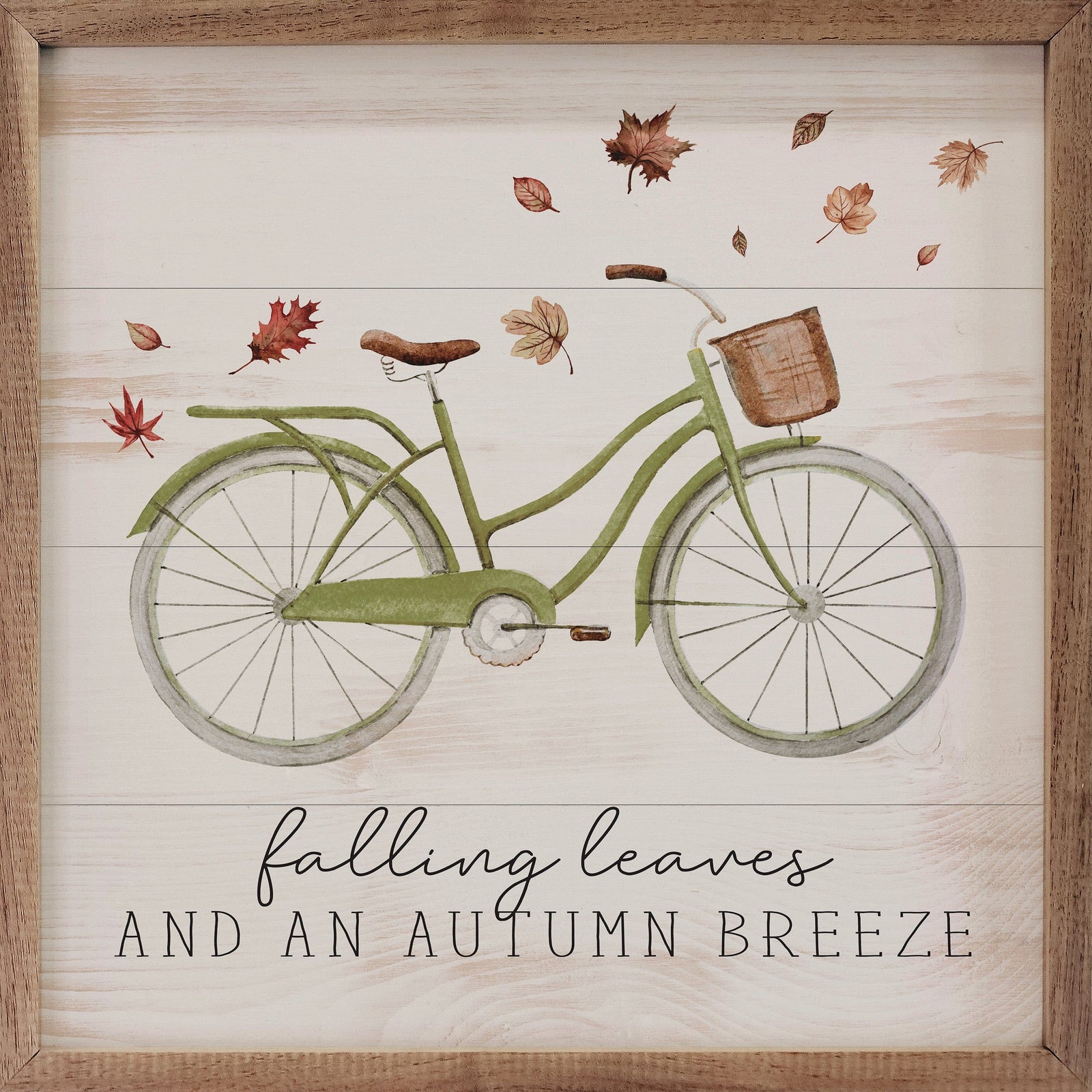 Kendrick Home Walnut Frames 4x4 Falling Leaves Bike Whitewash Printed and Framed Wall Sign