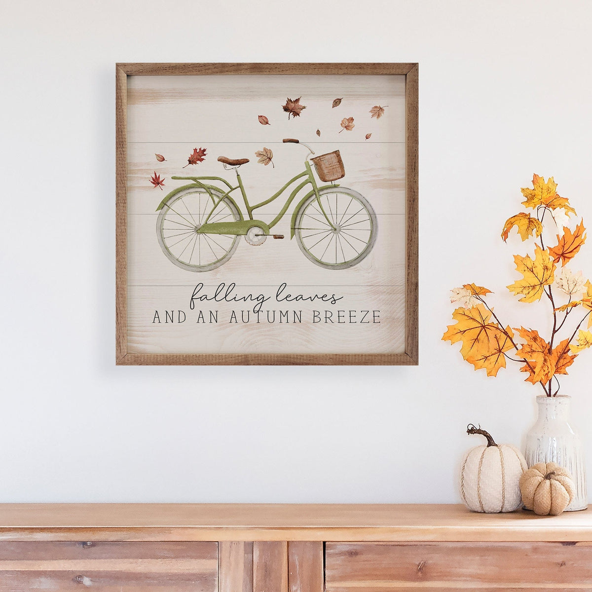 Kendrick Home Walnut Frames Falling Leaves Bike Whitewash Printed and Framed Wall Sign