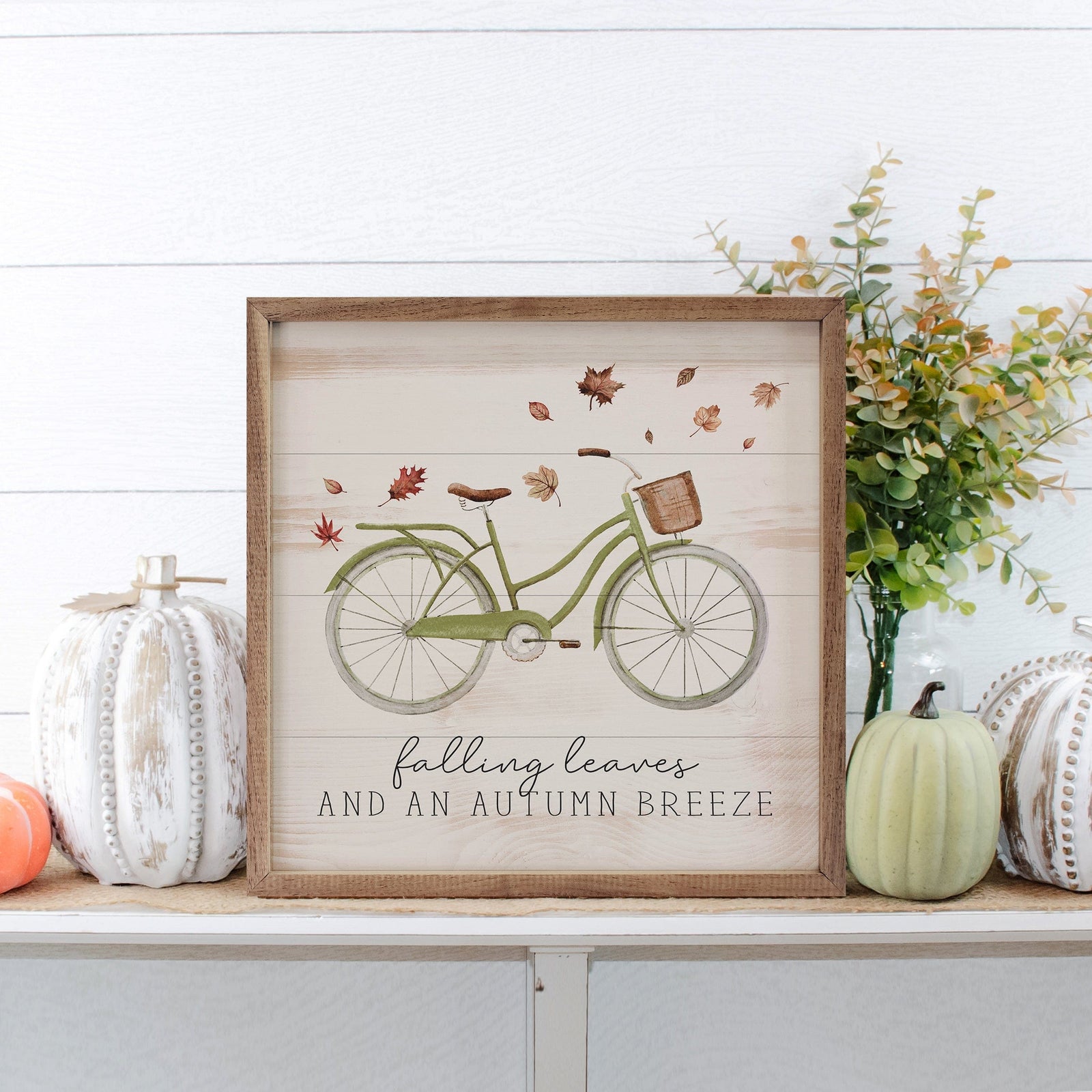 Kendrick Home Walnut Frames 4x4 Falling Leaves Bike Whitewash Printed and Framed Wall Sign