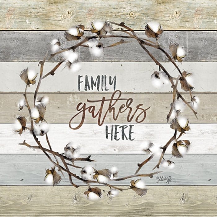 Family Gathers Here Cotton Wreath By Marla Rae Art Print - 12 X 12-Penny Lane Publishing-The Village Merchant