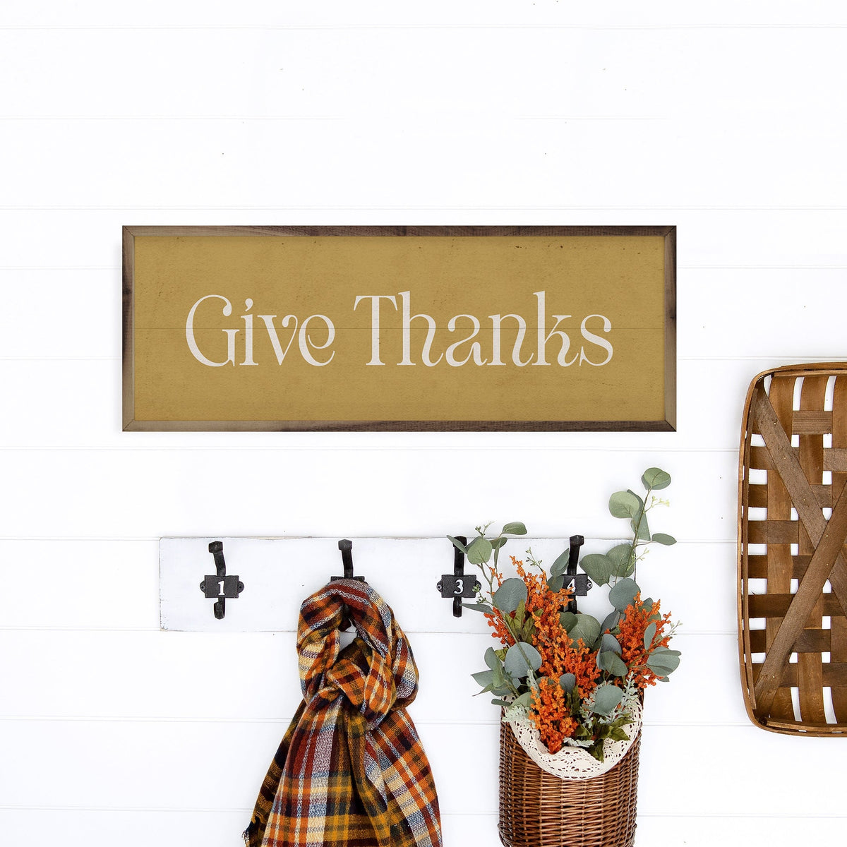 Kendrick Home Walnut Frames Fancy Give Thanks Gold Printed and Framed Wall Sign
