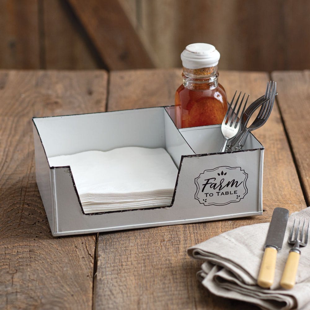 Farm To Table Napkin Caddy / Holder White & Black Painted Metal-CTW Home-The Village Merchant