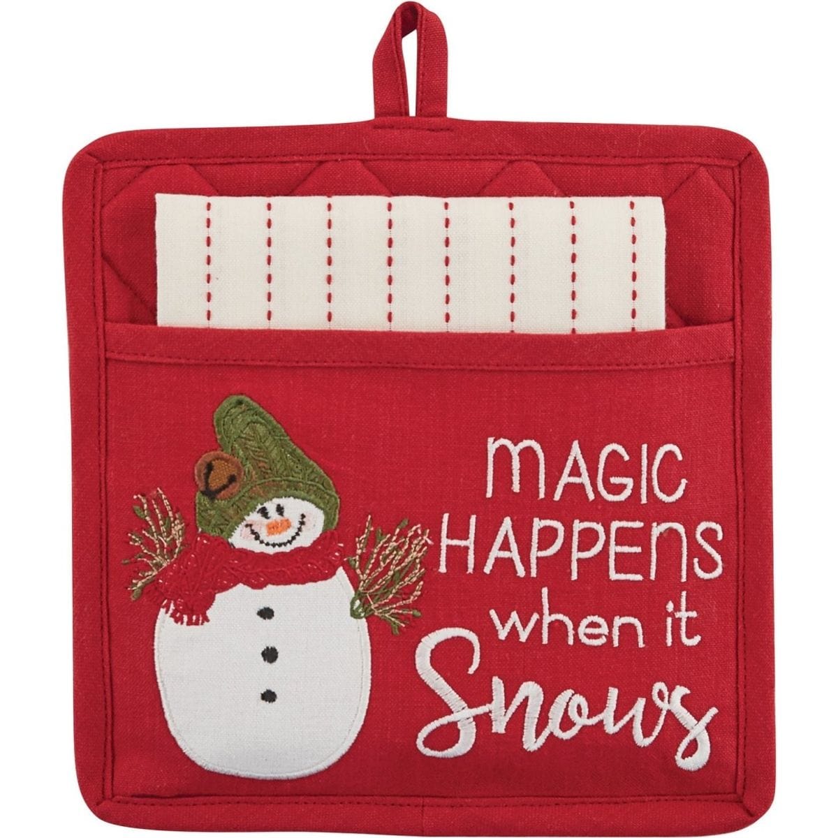 Farmhouse Snowman Magic Happens When It Snows Pocket Potholder & Dishtowel Set 2 Piece Set-Park Designs-The Village Merchant