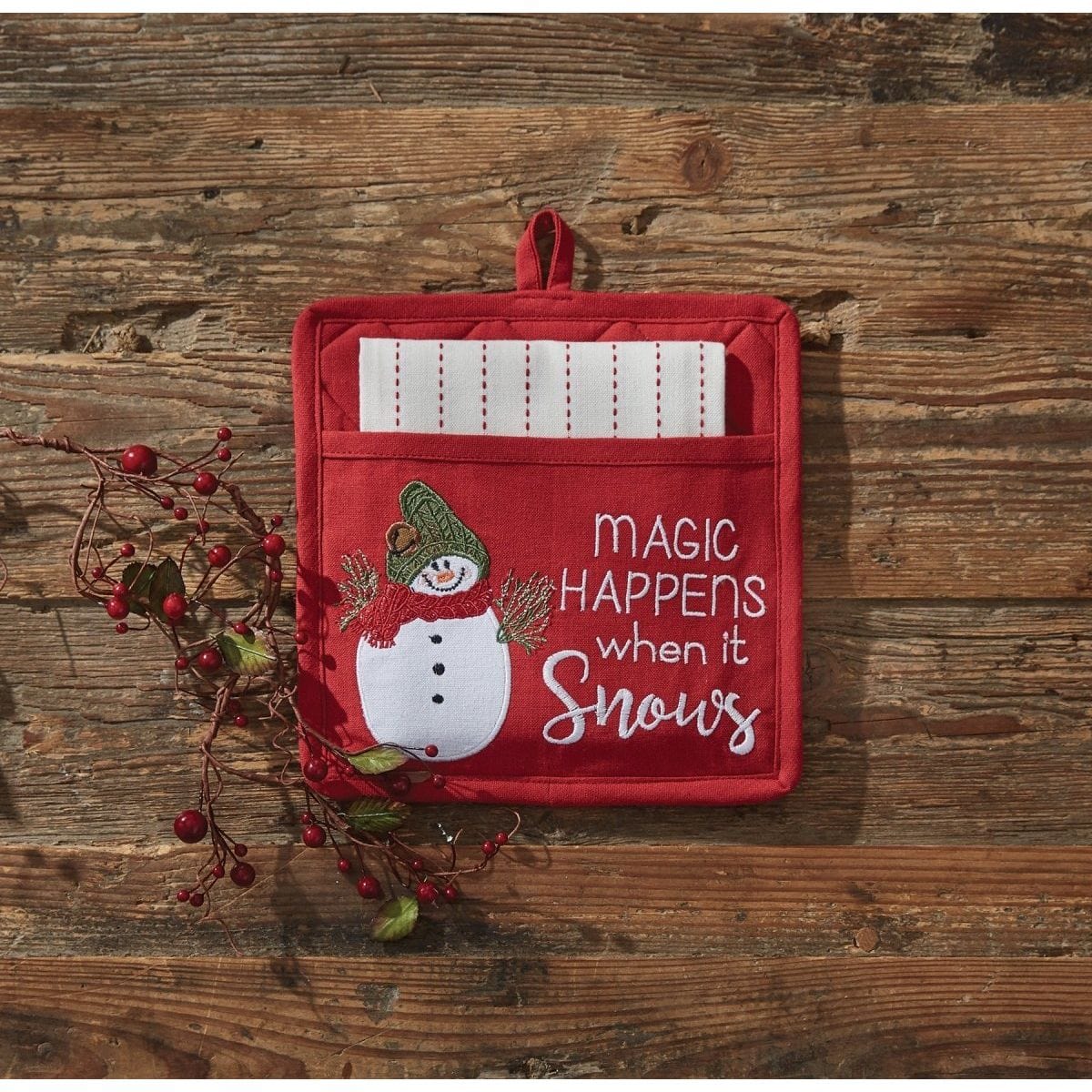 Farmhouse Snowman Magic Happens When It Snows Pocket Potholder & Dishtowel Set 2 Piece Set-Park Designs-The Village Merchant