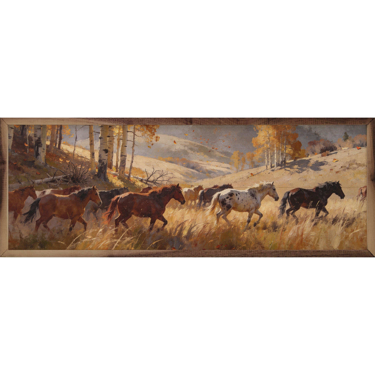 Kendrick Home Walnut Frames 12x4 Field Of Horses In Autumn Printed and Framed Wall Sign