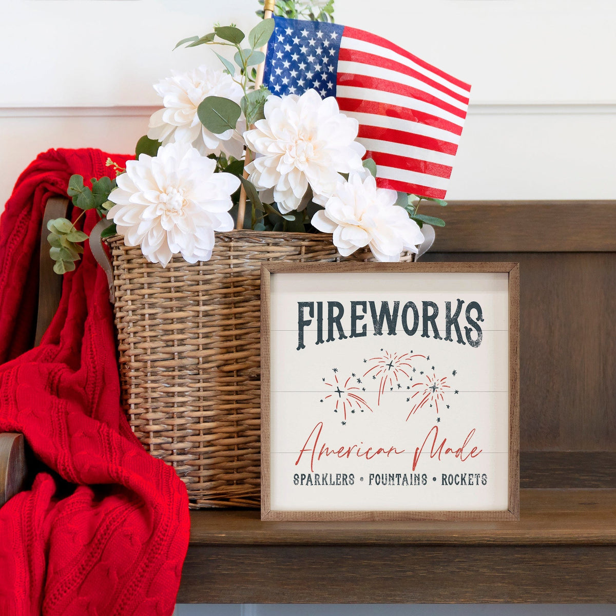 Kendrick Home Walnut Frames Fireworks American Made White Printed and Framed Wall Sign