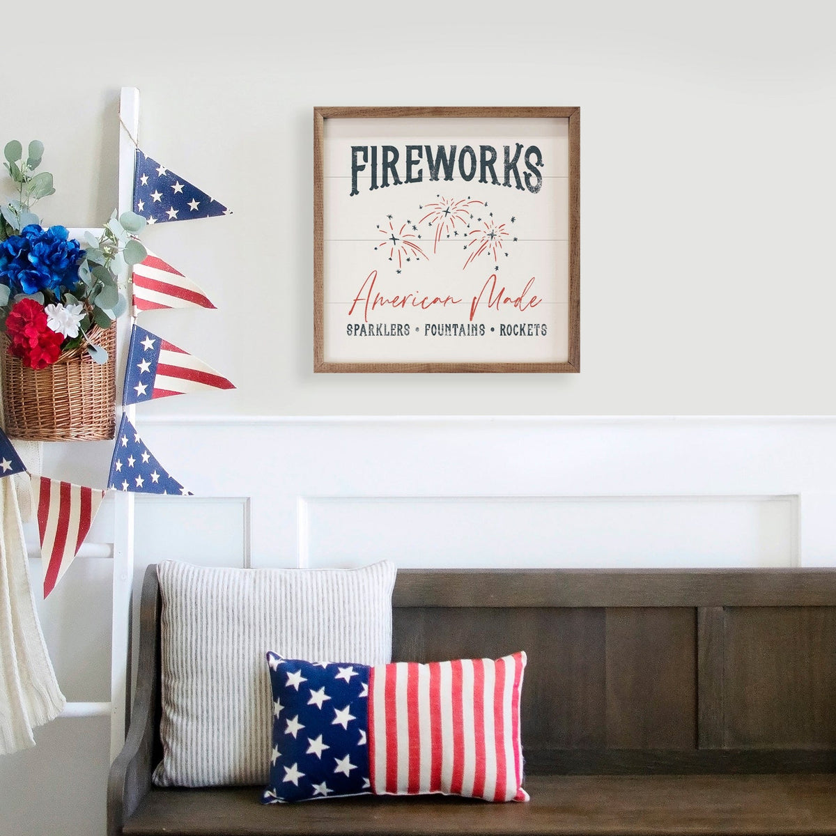 Kendrick Home Walnut Frames Fireworks American Made White Printed and Framed Wall Sign