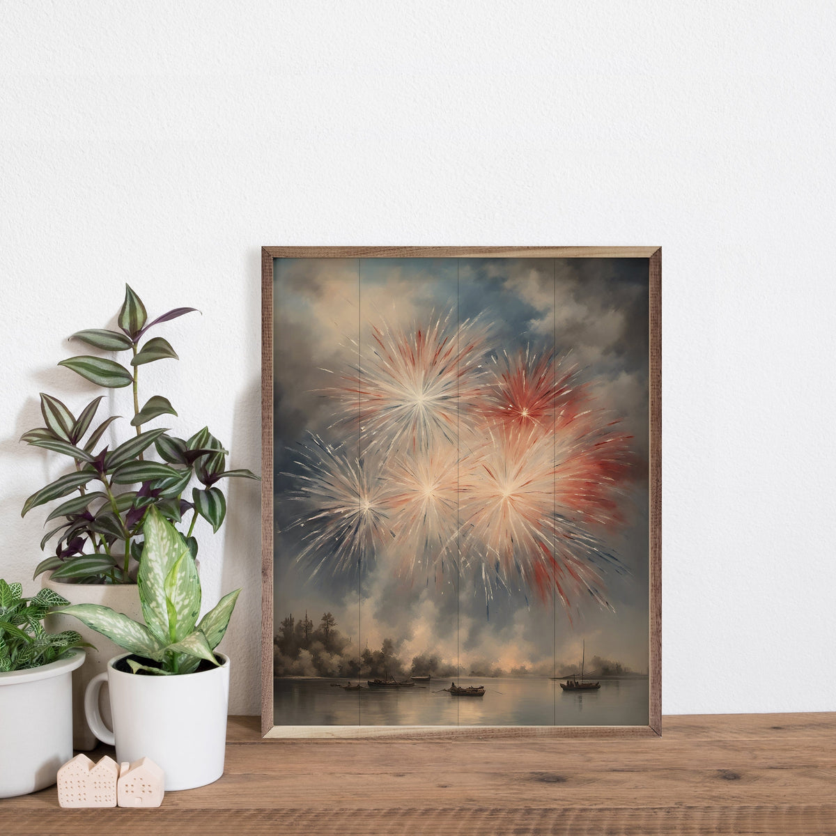 Kendrick Home Walnut Frames Fireworks East Over The Bay Printed and Framed Wall Sign