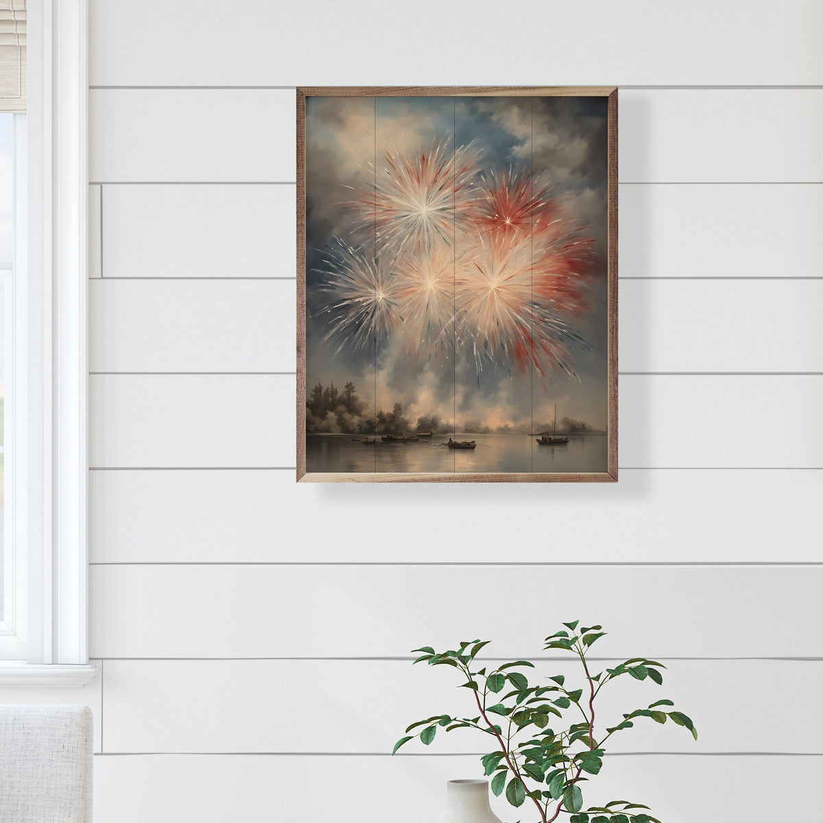 Kendrick Home Walnut Frames Fireworks East Over The Bay Printed and Framed Wall Sign