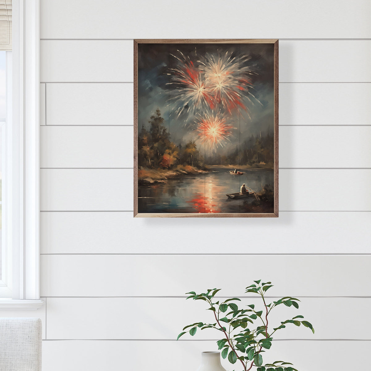 Kendrick Home Walnut Frames Fireworks North Over Lake Printed and Framed Wall Sign