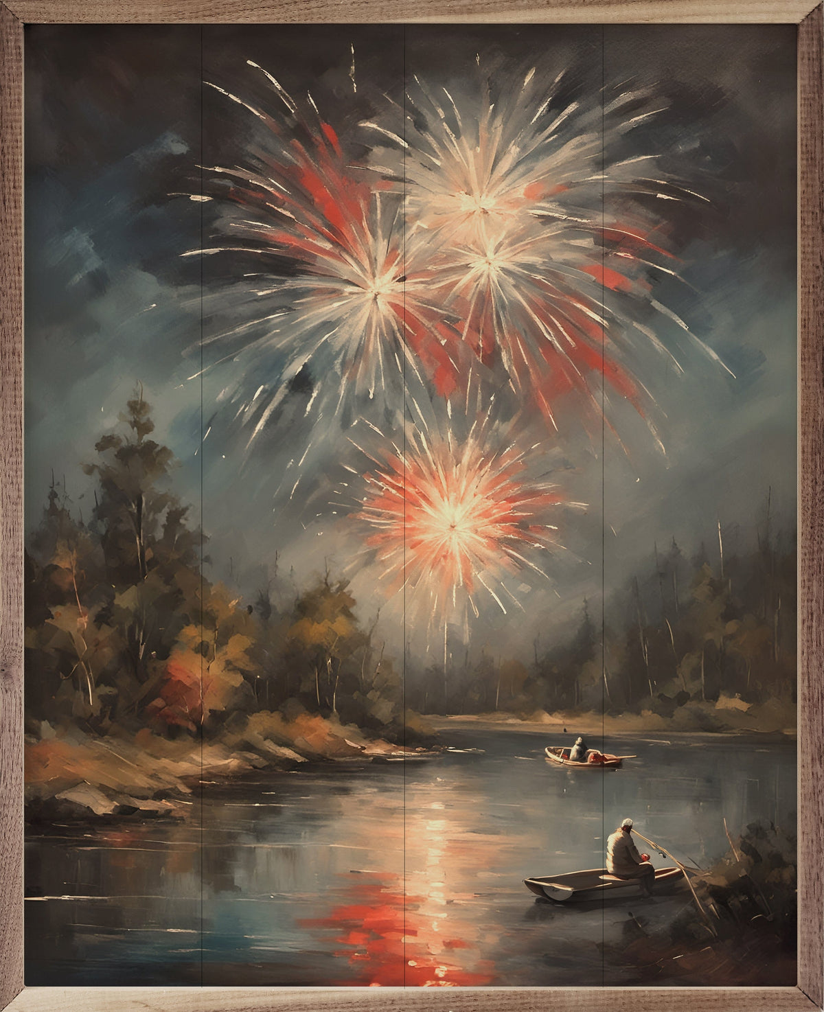 Kendrick Home Walnut Frames Sizes Fireworks North Over Lake Printed and Framed Wall Sign