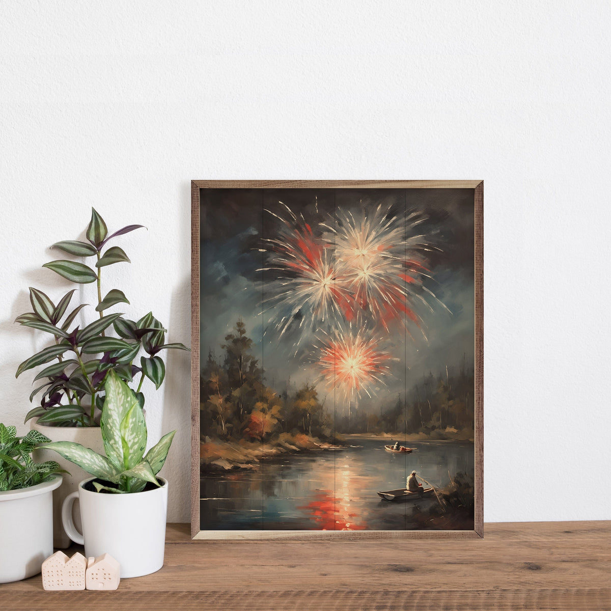 Kendrick Home Walnut Frames Fireworks North Over Lake Printed and Framed Wall Sign