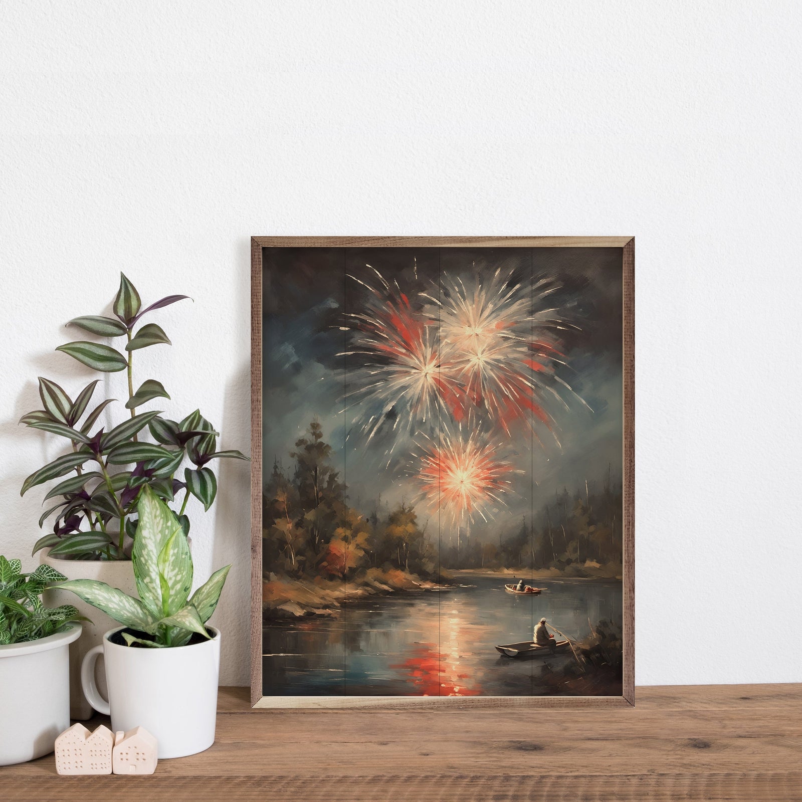 Kendrick Home Walnut Frames Sizes Fireworks North Over Lake Printed and Framed Wall Sign