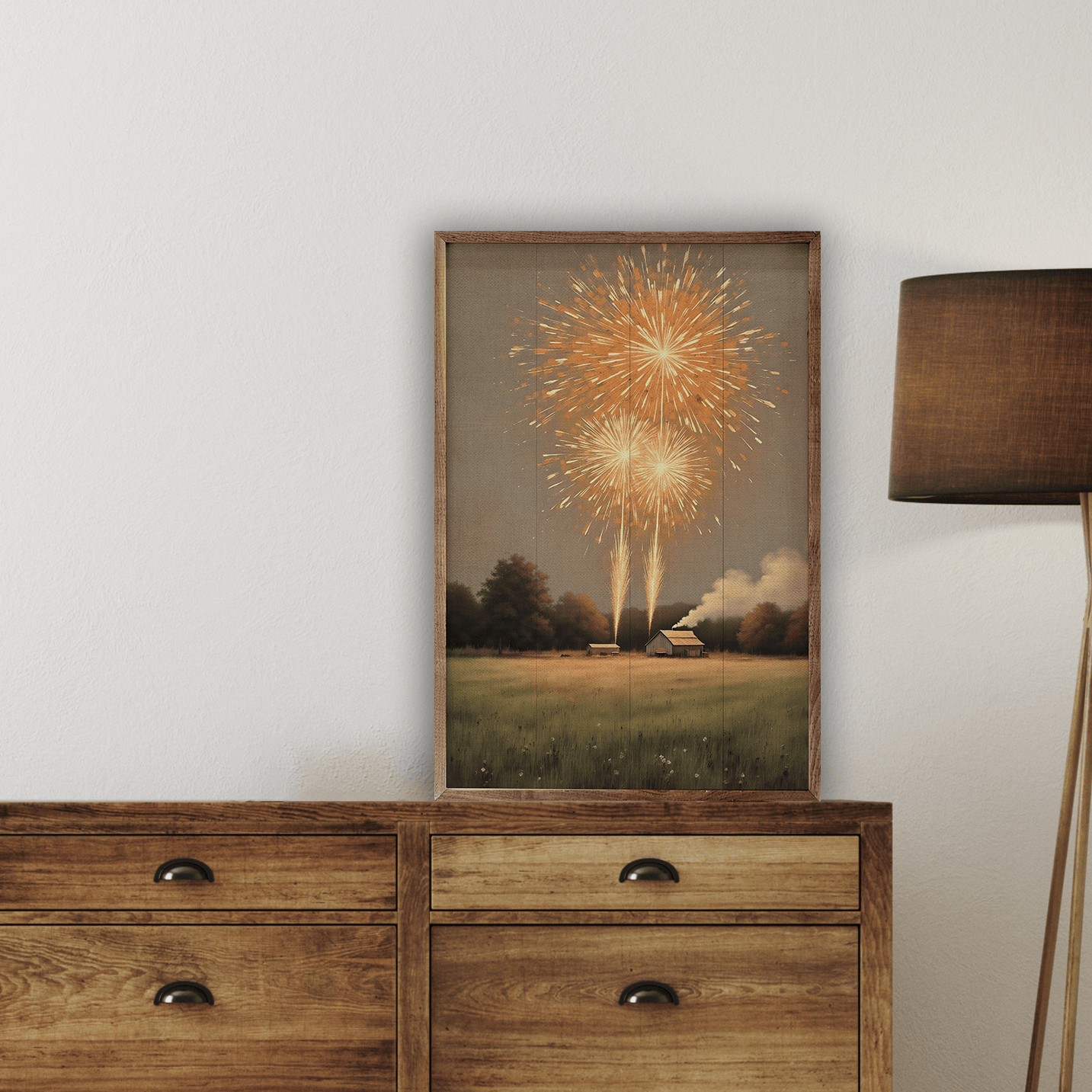 Kendrick Home Walnut Frames Sizes Fireworks On The Farm Printed and Framed Wall Sign