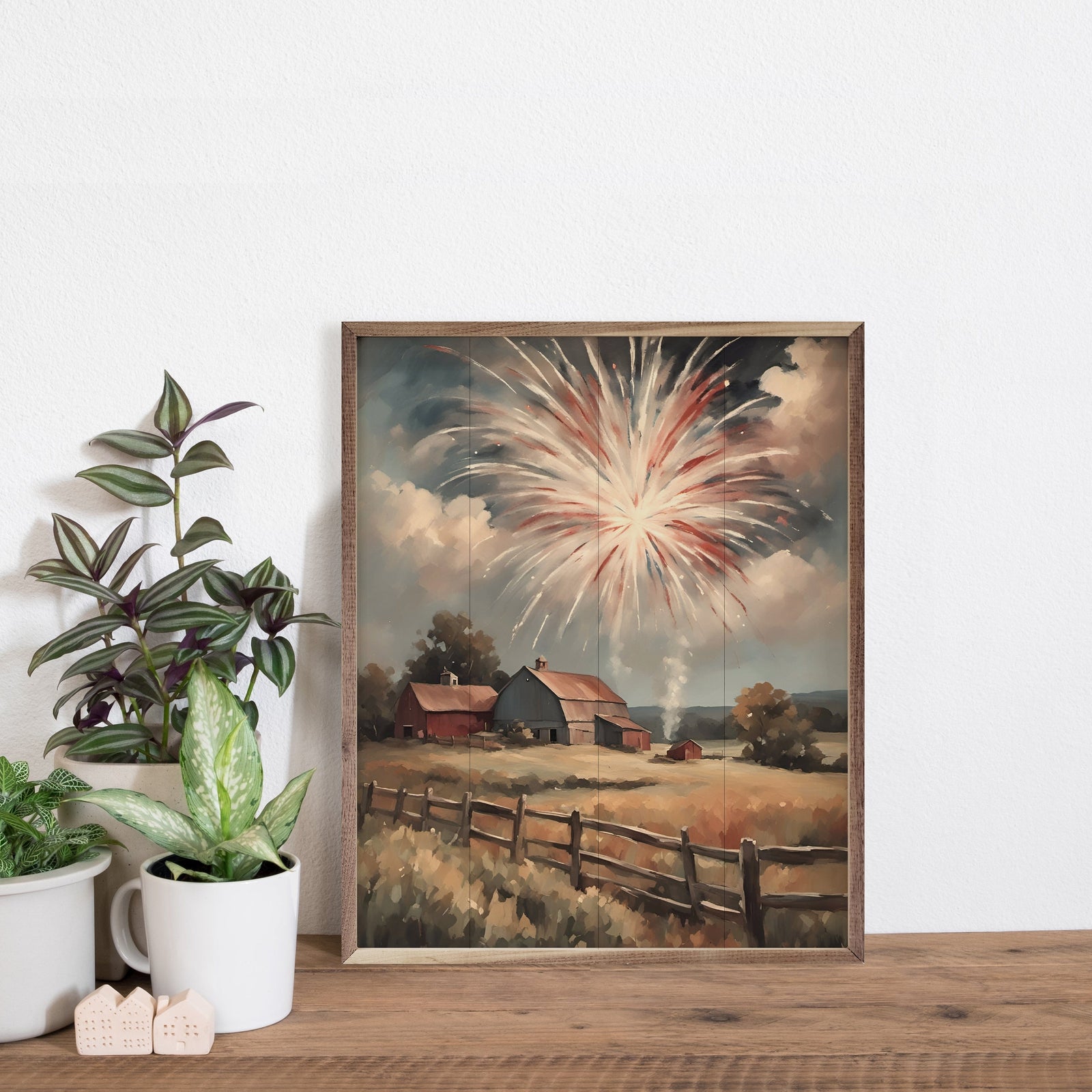 Kendrick Home Walnut Frames Sizes Fireworks South Over Barns Printed and Framed Wall Sign