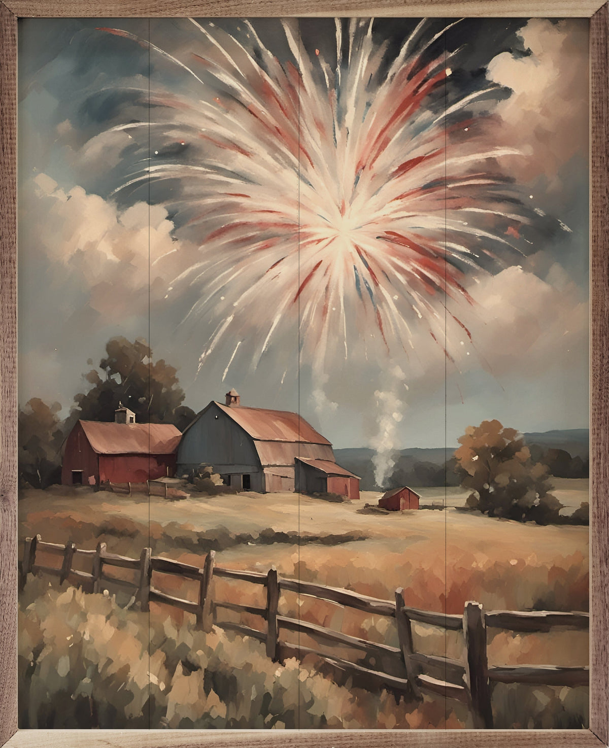 Kendrick Home Walnut Frames Sizes Fireworks South Over Barns Printed and Framed Wall Sign
