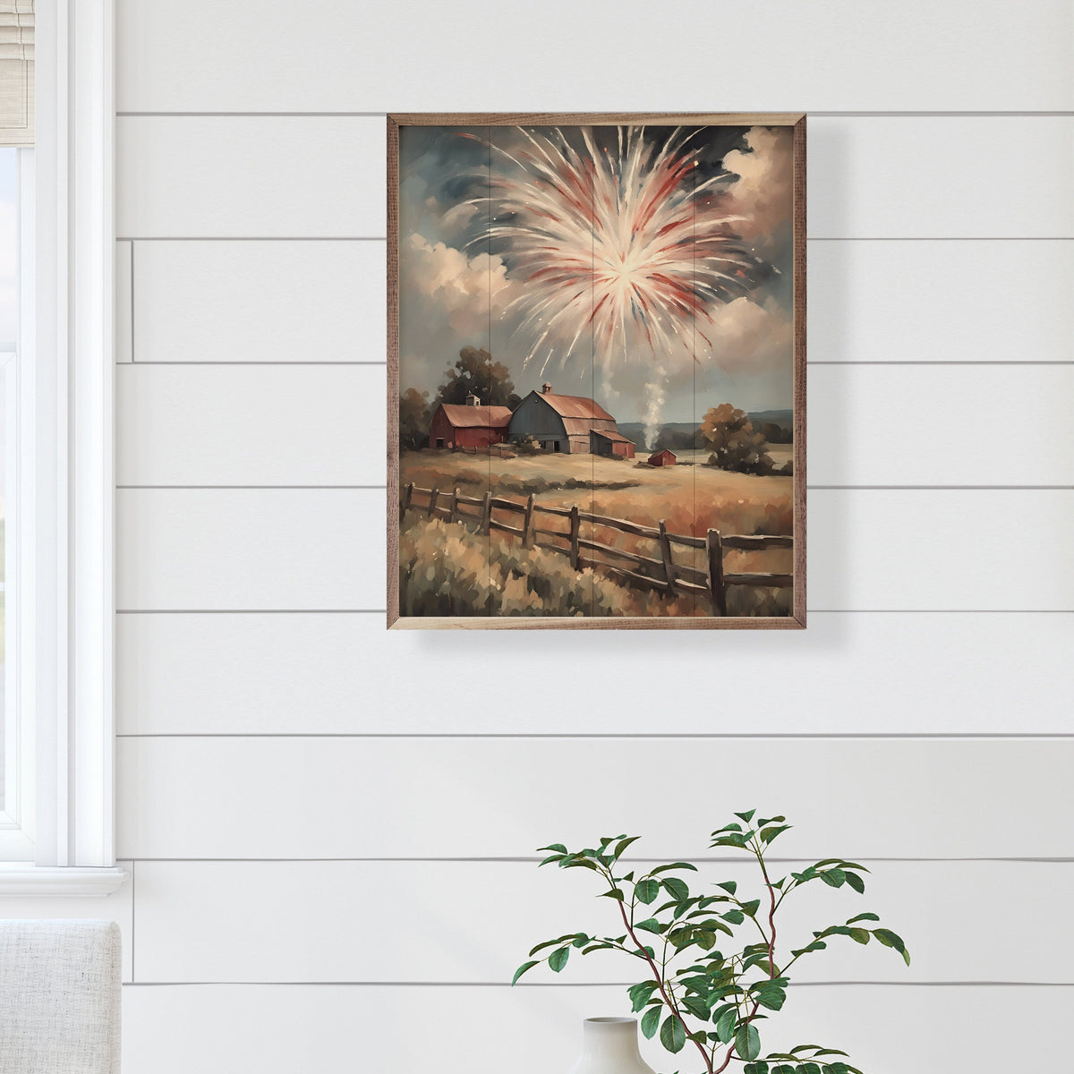 Kendrick Home Walnut Frames Fireworks South Over Barns Printed and Framed Wall Sign