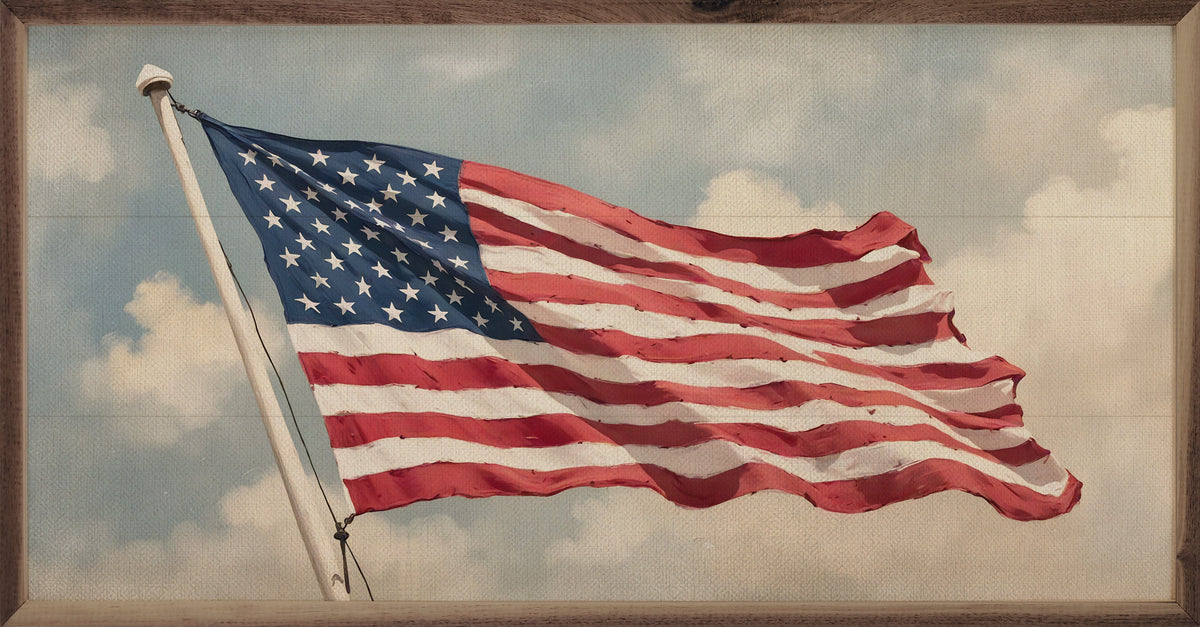 Kendrick Home Walnut Frames Sizes Flag Waving In Sky Printed and Framed Wall Sign