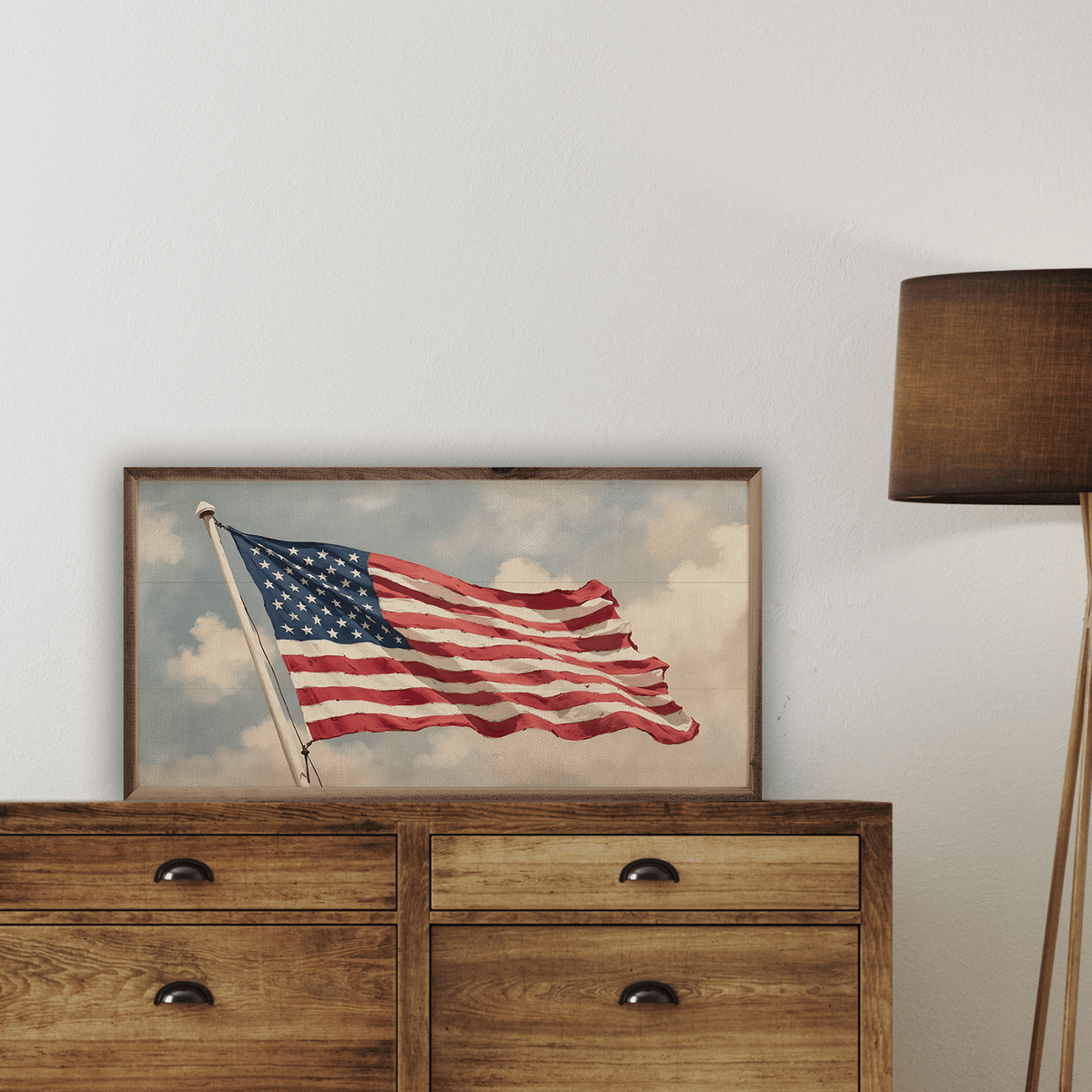 Kendrick Home Walnut Frames Flag Waving In Sky Printed and Framed Wall Sign