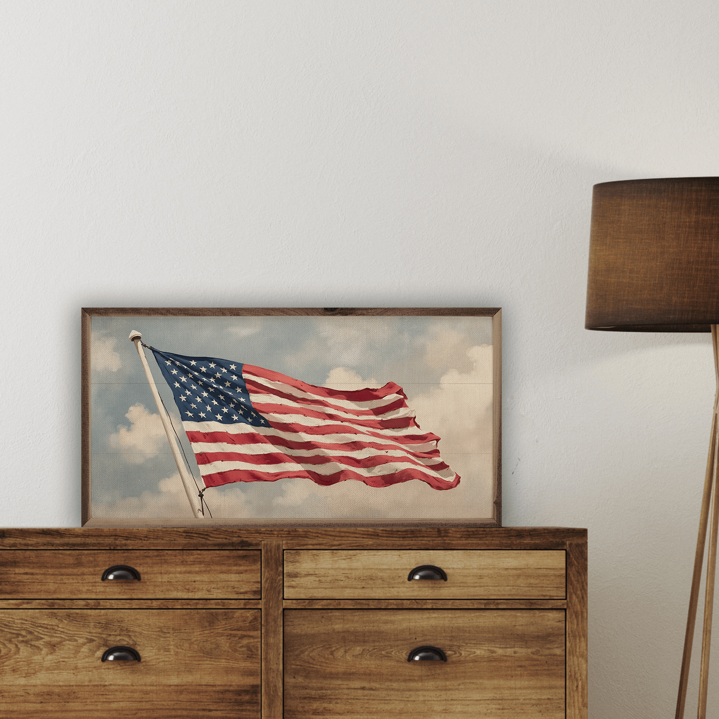 Kendrick Home Walnut Frames Sizes Flag Waving In Sky Printed and Framed Wall Sign