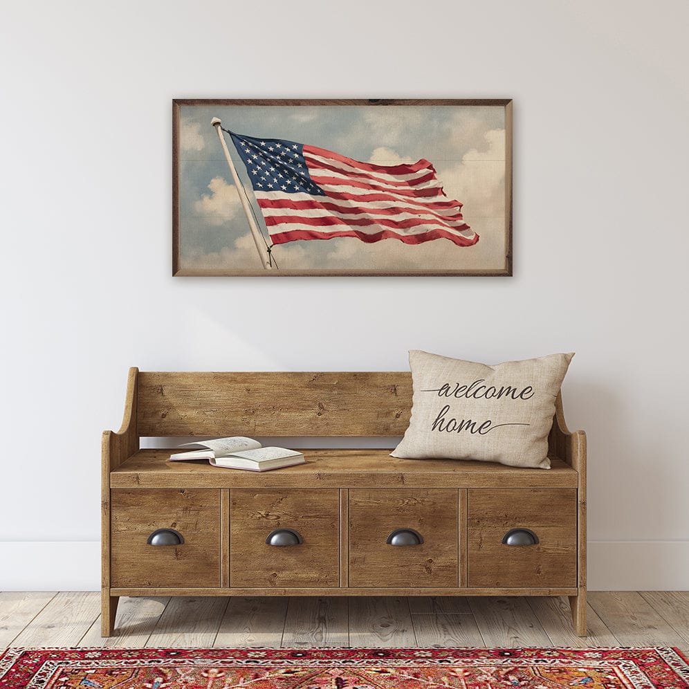 Kendrick Home Walnut Frames Flag Waving In Sky Printed and Framed Wall Sign