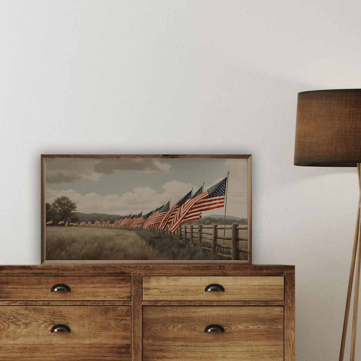 Kendrick Home Walnut Frames Flags In Field Fence Printed and Framed Wall Sign