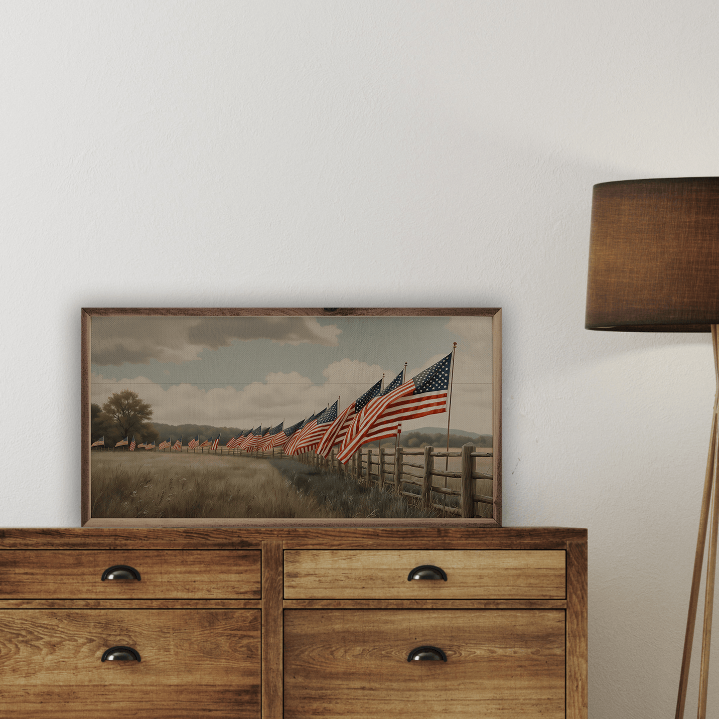Kendrick Home Walnut Frames Sizes Flags In Field Fence Printed and Framed Wall Sign